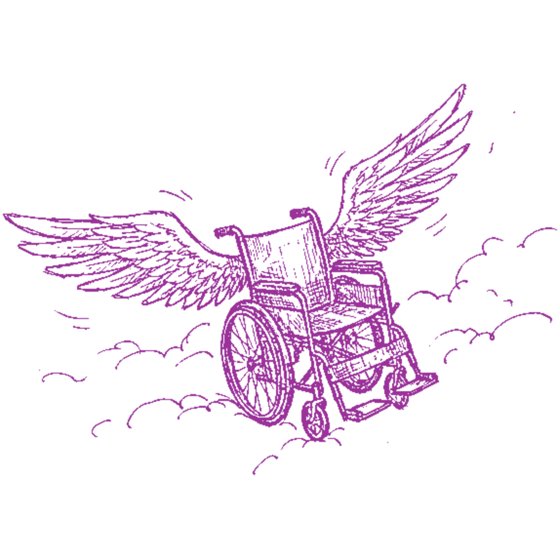 Wheelchair with wings flying above the clouds